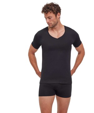 Koszula Z Krótkim Rękawem Falke 2-Pack T-Shirt V-neck Daily Comfort Męskie Czarne | SECWYO-270